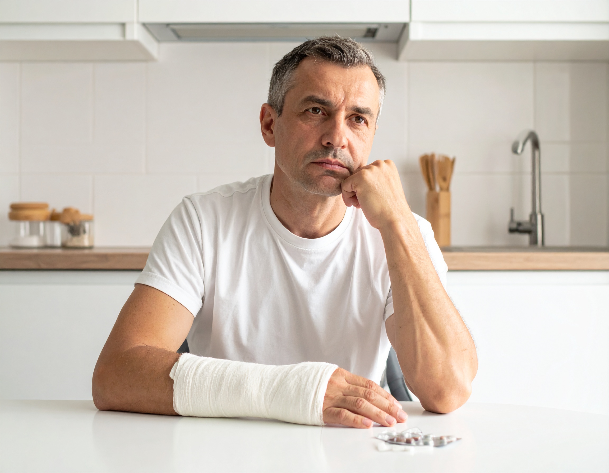 Ratlos wirkender Mann am Küchentisch sitzend. Vor ihm auf dem Tisch liegen Tabletten. Er hat einen ratlosen Gesichtsausdruck.