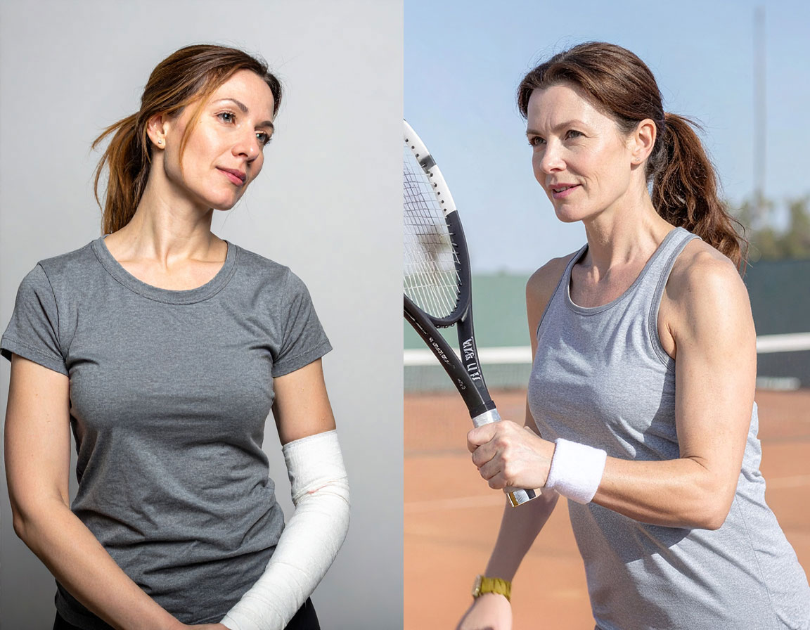 Doppelbild: Links eine Frau mit bandagiertem Ellenbogen, besorgtem Gesichtsausdruck. Rechts die gleiche Frau ohne Bandage aktiv beim Tennis spielen.