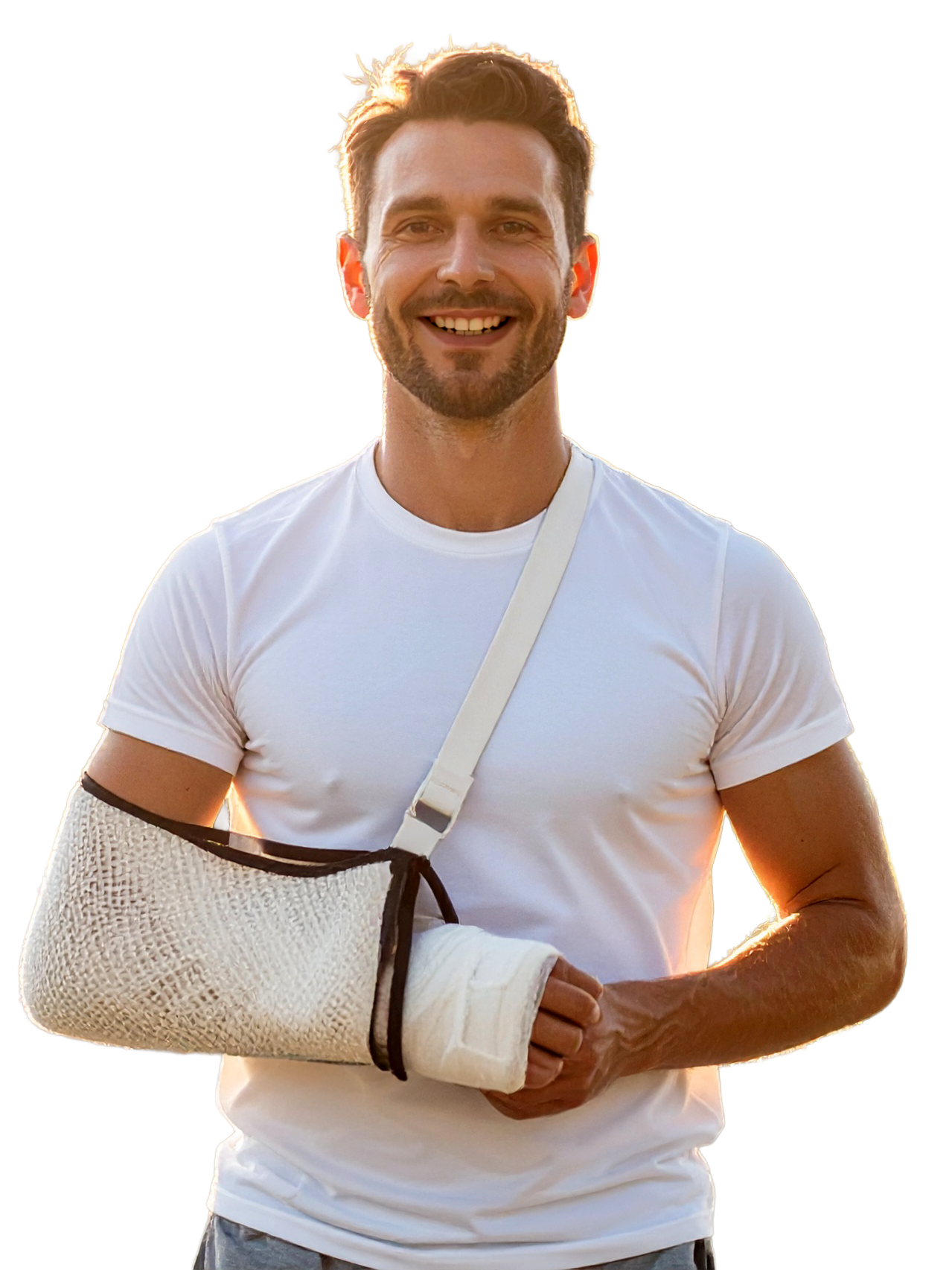 Mann mit Gipsverband. Er hat einen zuversichtlichen Gesichtsausdruck.